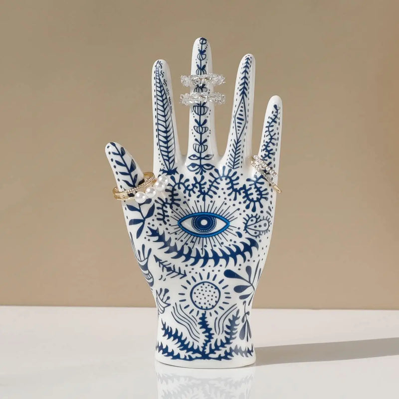 Suporte de Joias Olho de Fátima – Expositor de Cerâmica em Forma de Mão, Ideal para Colares, Pulseiras e Anéis