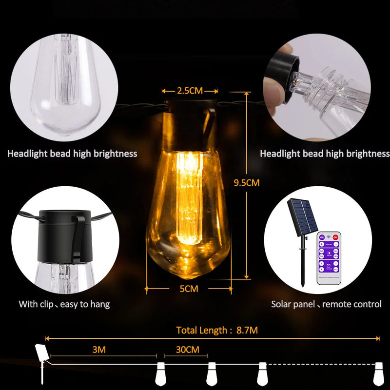 Cordão Luz de Fada LED Solar - Alto Brilho à Prova de Quebra e Água - Luzes Decorativas para Área Externa