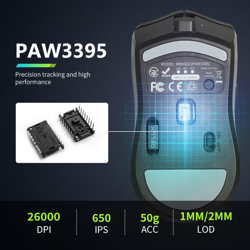 Mouse Gamer Delux M800 PRO PAW3395 sem Fio - Conexão Bluetooth Tri-Mode, 26000DPI, Switches Huano Rosa, Mouse Gamer