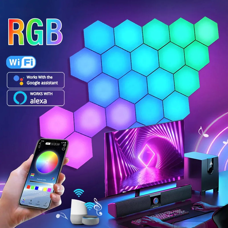 Luminária de parede Quantum LED RGB Hexagonal Gamer - Conexão Inteligente Sem Fio Bluetooth