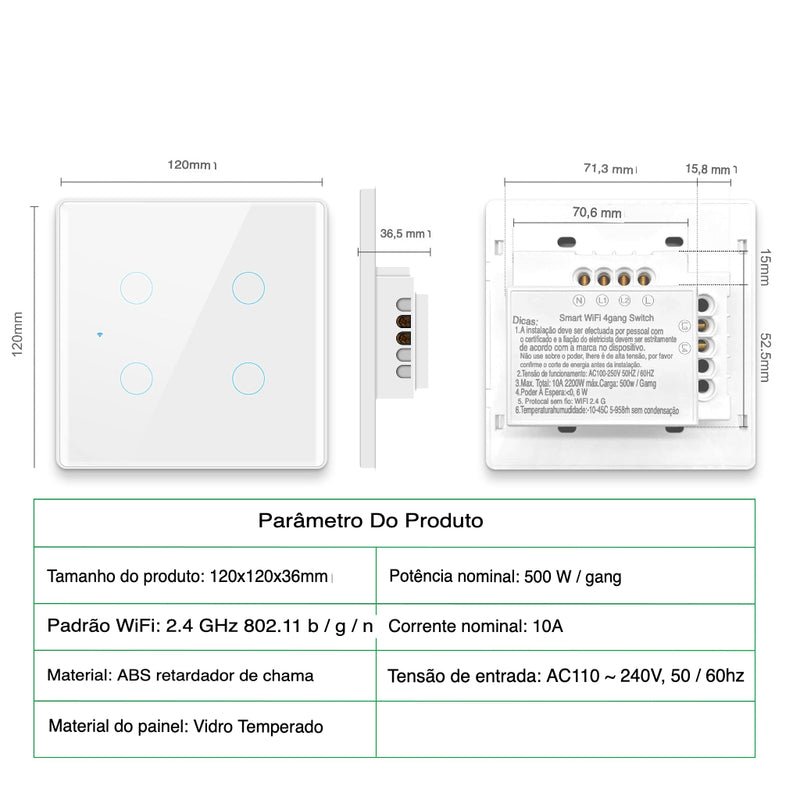 Interruptor Smart WiFi 6 Botões de Toque - Painel de Vidro 4x4 - com Neutro - Suporta Tuya Alexa