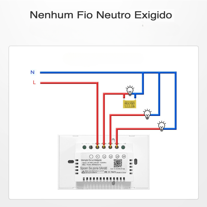 Interruptor Smart WiFi - Sem Neutro - Painel em Vidro 4x2 - Suporta Tuya e Alexa