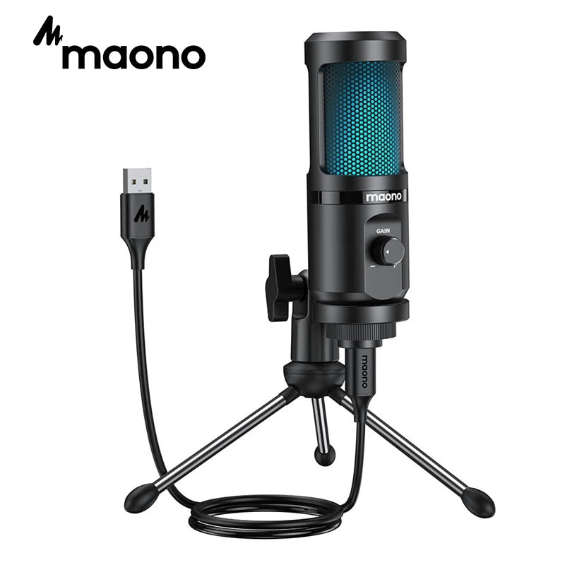 Microfone USB Condensador de Mesa MAONO Gamer - Para Podcasting, Streaming, YouTube - Com LED RGB e Controle de Ganho - Ideal para Gravação