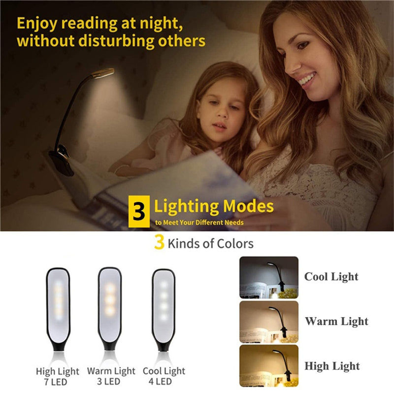 Luz de Leitura Livro - Recarregável 7 LEDs com Ajuste Branco Quente e Frio - Luminária para Ler à Noite