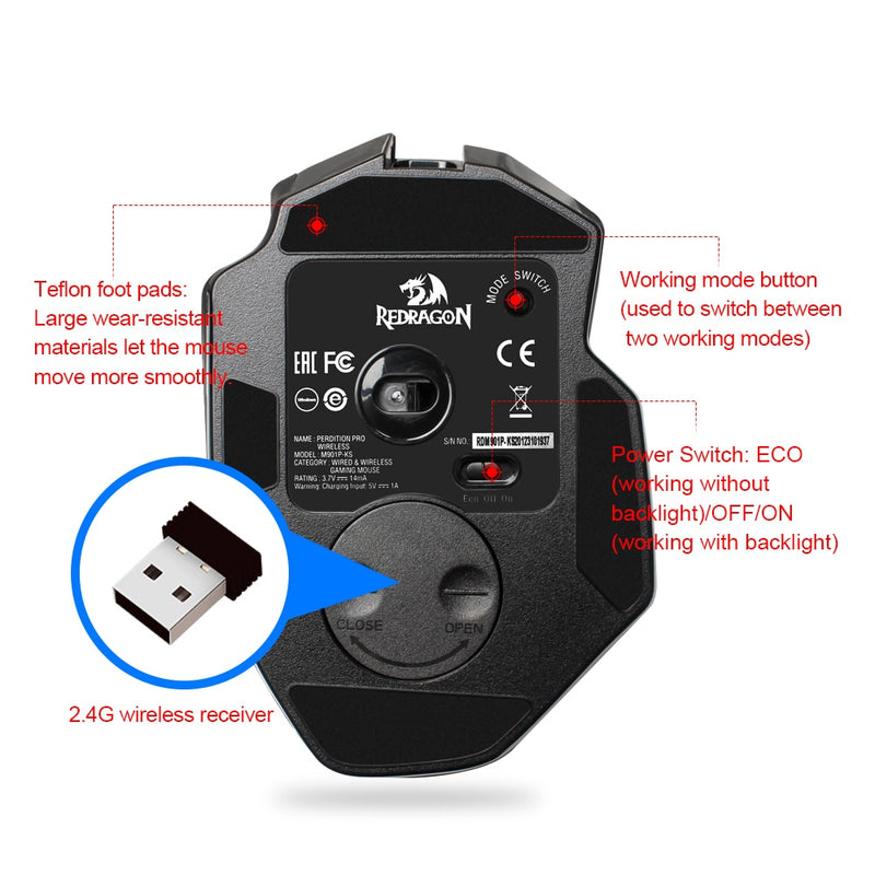 Mouse Redragon Perdiction Elite M901P KS RGB - 2023 Bluetooth Sensor 16000 DPI, 19 botões programáveis, design ergonômico para gamers