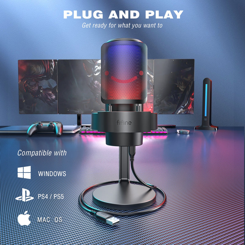 Microfone de Mesa FIFINE Ampligame A8 - LED RGB e Condensador Cardioide para gravação streaming em PC e Mac