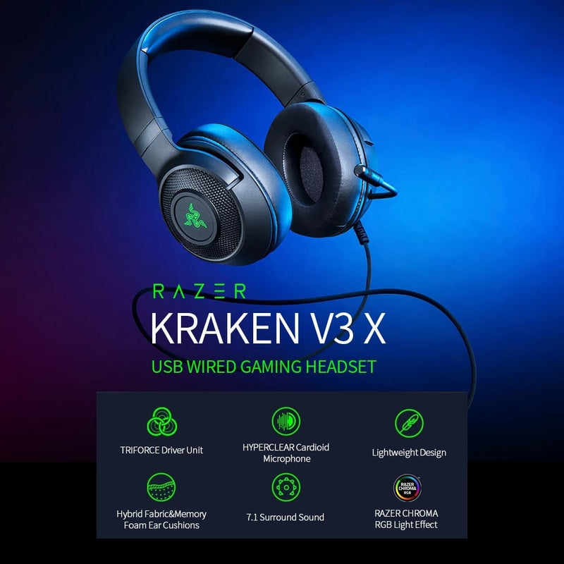 Fone Headset Razer Kraken V3 X com Fio - Para Jogos Com Cancelamento de Ruído e Som 7.1 Surround Microfone USB
