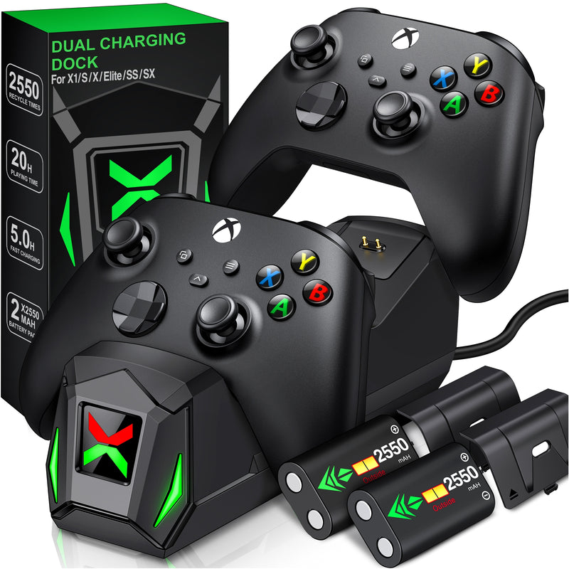 Carregador Rápido Duplo Dock para Controles Sem fio de Xbox One X/S/Elite -  com 2 baterias recarregáveis 2550mAh