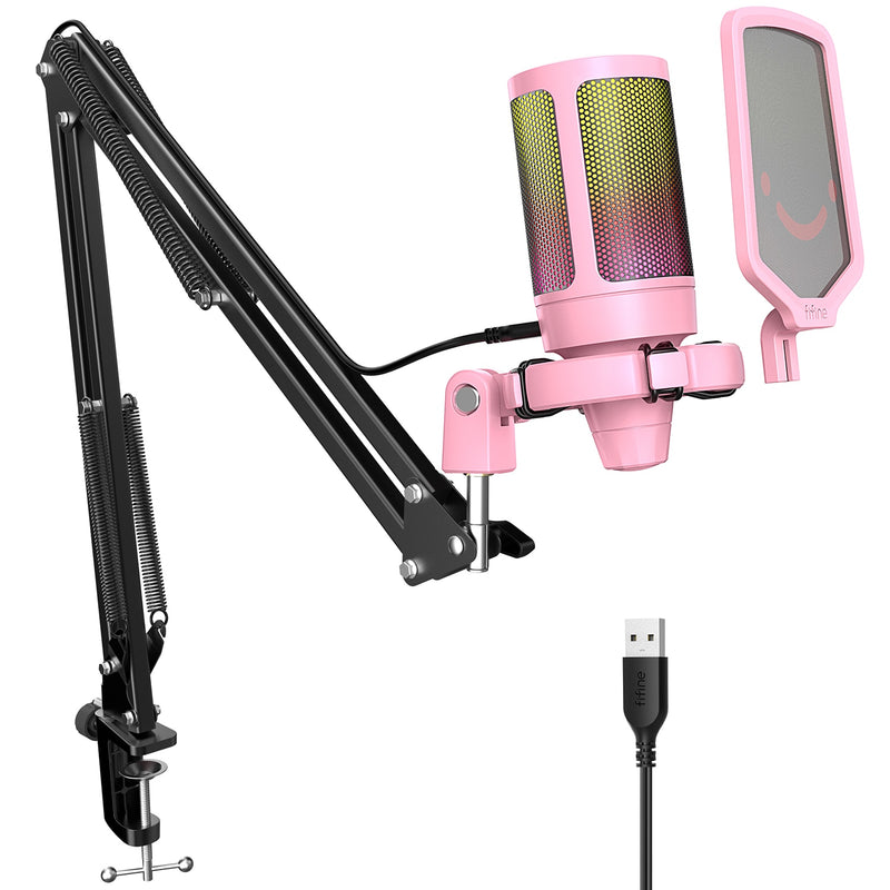Kit Microfone de Mesa FIFINE A6T USB - Microfone Gamer Condensador Cardióide, luz RGB, Suporte Articulado