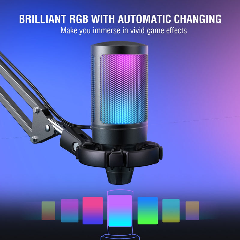 Kit Microfone de Mesa FIFINE A6T USB - Microfone Gamer Condensador Cardióide, luz RGB, Suporte Articulado