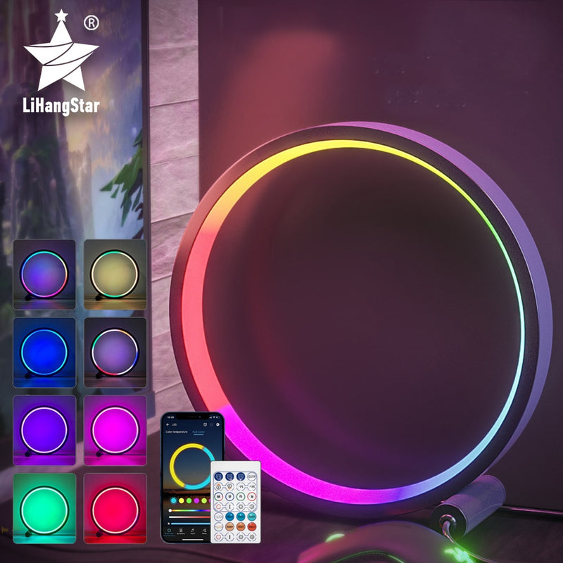 Luminaria de Mesa RGB Círculo LED - Efeito Atmosfera Brilha com Música, Controle Bluetooth - para Sala de Jogos, Quarto, Decoração
