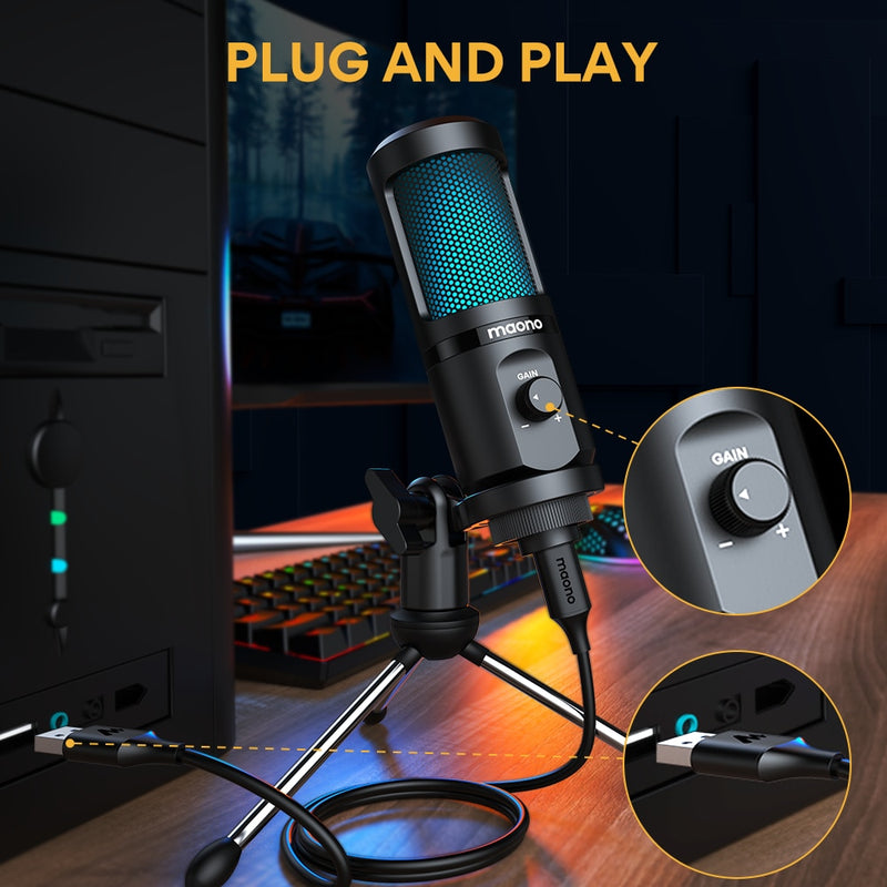 Microfone USB Condensador de Mesa MAONO Gamer - Para Podcasting, Streaming, YouTube - Com LED RGB e Controle de Ganho - Ideal para Gravação